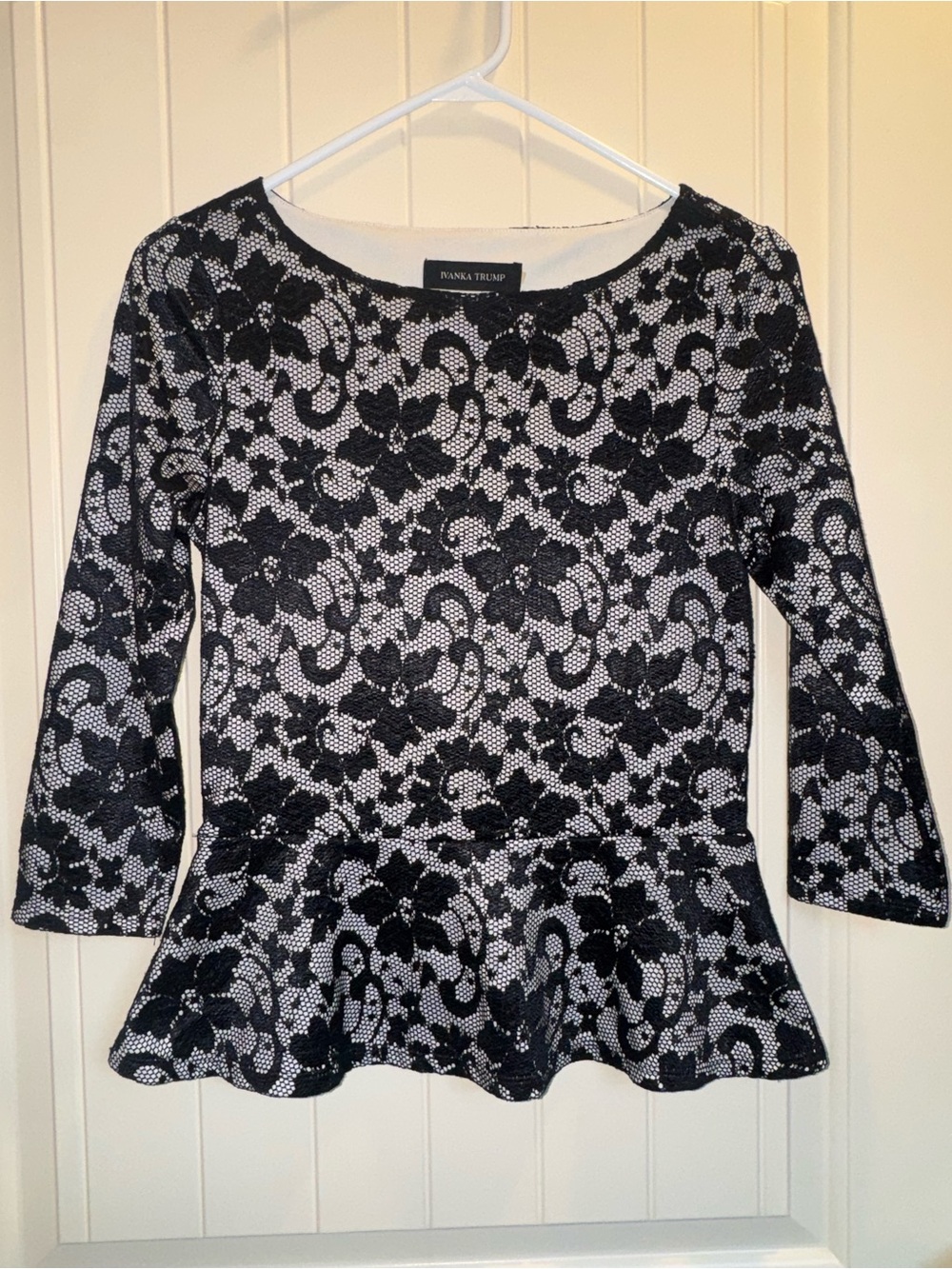 Ivanka Trump Black & White Lace-Overlay Peplum Top